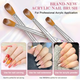 Saviland Pure Kolinsky Acrylic Nail Brush Set - 4PCS Acrylic Nail Brush for Acrylic Powder & Acrylic Liquid Silver Glitter Acrylic Brush, Nail Brush for Acrylic Nail & 3D Nail Carving, Size 6/10/12/14