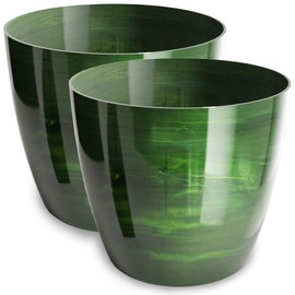 PECZEKO Flower Pot Shiny Plastic Planter Decorative Pot for Large and Small Plants, Set of 2 Flower Pot, Flower Pot Herb Pot, Green, Diameter 16 cm