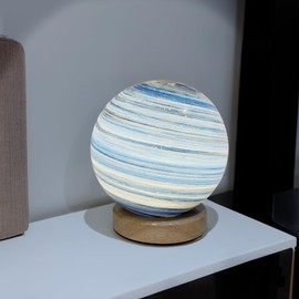 JupiGlow Uranus White Planet Night Light Glass Bedside with Wooden Base 3 Modes - Dimmable Swirl Planet Table Lamp for Bedroom Nightstand, Desk Lamp for Living Room, Office, Kids Room, Nursery