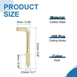 PATIKIL 0.8 Inch Ceiling Hooks for Hanging Plants, 100 Pcs Copper Plating Metal Screw-in Ceiling Cup Hooks L Shape Self-Tapping Screw Eye Bolt for Indoors Outdoors