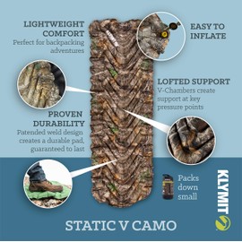 Klymit Static V Inflatable Sleeping Mat for Camping, Lightweight Hiking and Backpacking, Air Bed, Real Wane Edge, 2020