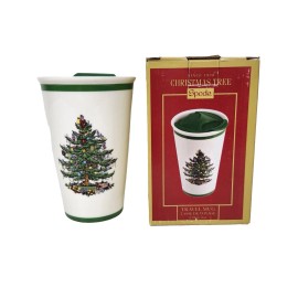 Spode Christmas Tree Ceramic Travel Mug with Silcone Lid in Box 8 oz