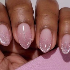 Hkanlre Fake Nails Almond Tips Full Cover Medium False Cat Eyes Nails Pink Shiny Press on Nails for Women 24PCS