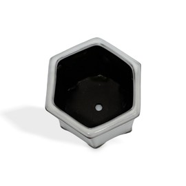 4" Oriental Reactive Glazed Hexagon Shaped Planter Pot with Decorative Pedestal Feet (White Glaze with Dark Brown Accents)