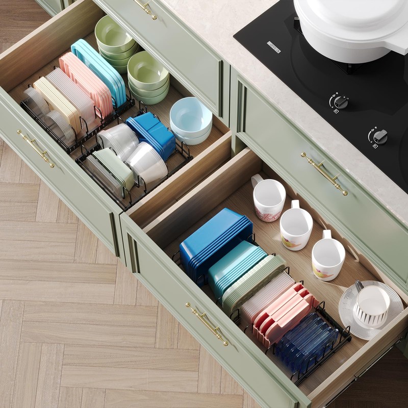 Expandable Food Container Lid Organizer,Large Capacity Adjustable 8 Dividers Detachable