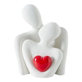 MOTRAIN Modern Ceramic Couple Sculpture, Abstract Romantic Figurine for Home Decor (Living Room, Bedroom, TV Stand), Unique Anniversary, Wedding & Valentine's Day Gift, White Showpiece with Red Heart