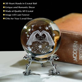 HDCRYSTALGIFTS 60mm Heart Hands Crystal Ball Paperweight 3D Laser Engraved Love Finger Gift for Women Mom, Decorative Glass Sphere for Shelf Living Room