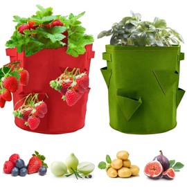 KLYNGTSK Pack of 2 Strawberry Plant Bag Felt Plant Bag with Handles Strawberry Plant Bags with Holes Felt Planter Grow Bag for Strawberries, Herbs, Flowers, Red and Green