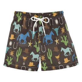 Eionryn Cow Boy Horse Cacti Boys Swim Trunks Toddler Beach Board Shorts Quick Dry Kids Swimwear Bathing Suits 4T