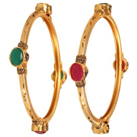 Touchstone New Indian Bollywood Desire Trendy Ethnic Oval Shape Faux Ruby Emerald Style Defining Designer Jewelry Bangle Bracelets Set of 2 in Gold Tone for Women.