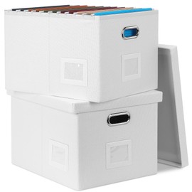 Graciadeco File Organizer Box, Collapsible Storage Filling Box with Lid for Letter Legal Size Hanging Folders Decorative Linen File Folder Box Document Storage Filing Bin, White 2 Pack