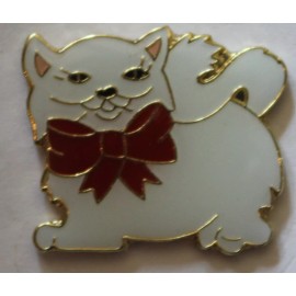 Cute Kitten white Kitty Cat Animal Lapel Pin Pet red bow Collar tack Feline