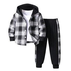 Nivne Tco Toddler Boy Clothes Plaid Hooded Shirt - 2 Piece Outfit: Button Front Toddler Hoodie & Sweatpants Set (6 Years)