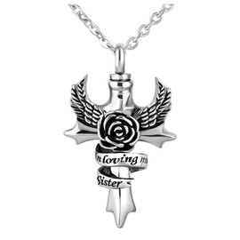 YSAHan in Loving Memory Sister Cross Urn Necklace for Ashes Angel Wing Cremation Keepsake Memorial Pendant Stainless Steel Jewelry