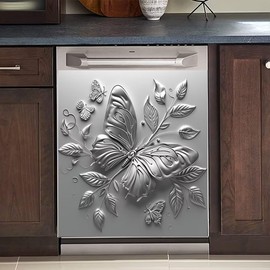 Stainless Steel Butterfly Dishwasher Magnet Sticker Cover 3D Effect Decor Fridge Magnetic Door Panels,Farmhouse Decor Home Kitchen Appliances Decals 23" x 26" Magnetic