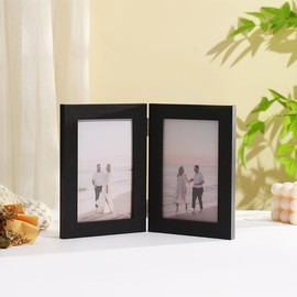 Portaretratos con Bisagras de 4x6 Pulgadas, Marcos para Fotos con 2 Aberturas, Marcos para Cuadros Doble Vertical, Exhibición Escritorio para Oficina, Hogar, Negro