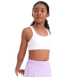 CRZ YOGA Girls Butterluxe Sports Bras - Scoop Neck Racerback Training Yoga Crop Top for Teens Kids Dance White Medium