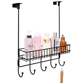 Ezprotekt Over The Door Hooks, Door Hanger Towel Rack Adjustable Rustproof with Basket & 5 Hooks Metal Storage Shelf Clamp for Bathroom Kitchen Bedroom Office