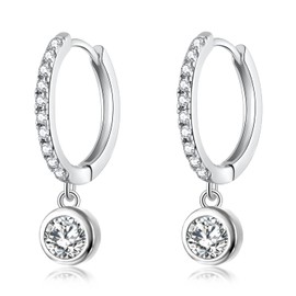 CiNily Small Dangle Hoop Earrings for Women Girls,14K White Gold Mini Huggie Hoop Earrings Hypoallergenic Diamond Drop Earrings Dainty Cute Cubic Zirconia Dangle Hoops Jewelry Gifts, White Gold