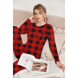 Ekouaer Pajamas Women's Long Sleeve Pj Set Soft 2 Piece Loungewear Sleepwear with Jogger Pants Red and Black Plaid,M