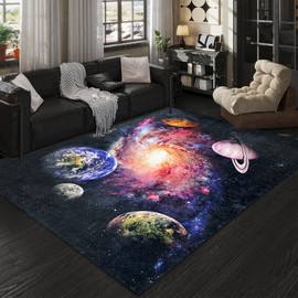 USTIDE Space Universe Rug Big Soft Galaxy Rug Floor Mats for Living Room Playroom Bedroom Earth Galaxy Theme Washable Carpet for Kids Room Solar System Planet Rug 5x7FT