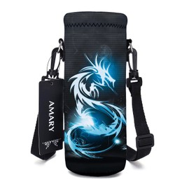 AMARY 750ML Neoprene Water Bottle Carrier Bag with Adjustable Shoulder Strap,Insulated Water Bottle Cover for Stainless Steel/Glass/Plastic Bottles 24OZ (dragon)