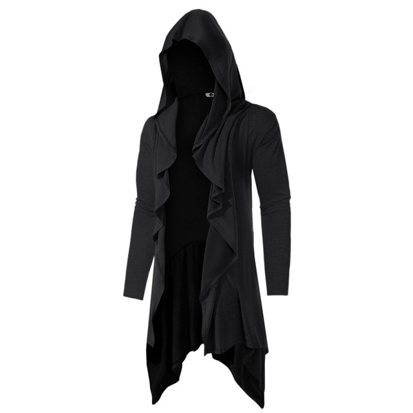 Runcati Mens Long Hooded Cardigan Ruffle Shawl Collar Open Front