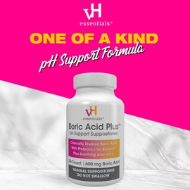 vH essentials Boric Acid Plus Vaginal Suppositories, Prebiotic Infused with Soothing Aloe Vera, pH Support Formula Fights Odor and Promotes Freshness, 600mg Boric Acid, 30 Count