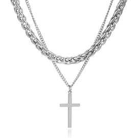AITAOTAO Cross Pendant Necklace for Women Men - Simple Layered Choker - Cuban Chunky Rope Link Chain - Elegant Christian Jewelry, 18"