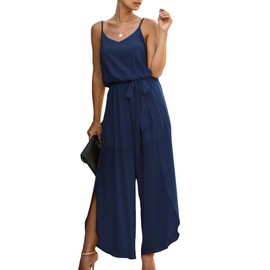 ECOWISH Women Long Pants Jumpsuit: Spaghetti Strap Casual Wide Leg Romper Summer V Neck Flowy Overalls with Belt Navy Blue XL