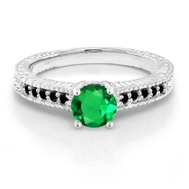 Gem Stone King 0.94 Ct Round Green Simulated Emerald Black Diamond 925 Sterling Silver Engagement Ring (Size 5)