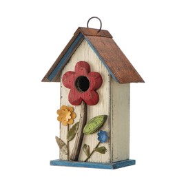Glitzhome 10.2" H Hanging Bird House for Outdoor Patio Garden Decorative Birdhouse Pet Cottage Wooden Distressed Birdhouse, Flower Rustic White