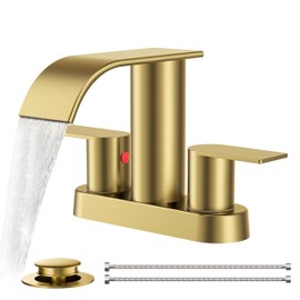 FORIOUS Brushed Gold Bathroom Sink Faucet, Waterfall 4 Inch Centerset Bathroom Faucets with Metal Pop up Drain and cUPC Hose for Basin, Vanity, RV, Lavatory 2 or 3 Hole Sink