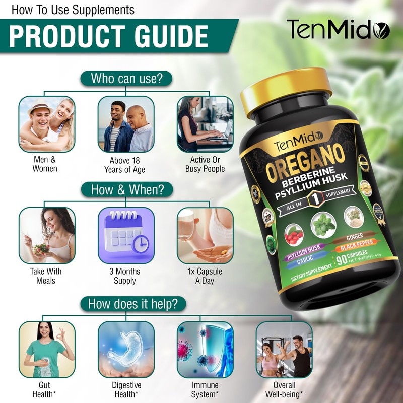 Tenmido Oregano Supplements - 6in1 with Berberine, Psyllium Husk, Garlic,