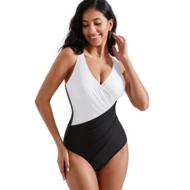 RXRXCOCO Womens One Piece Swimsuits Tummy Control Ruched Criss Cross Bathing Suits V Neck Slimming Swimwear Black and White 2X-Large