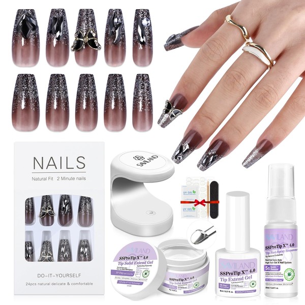 SAVILAND Glitter Black Press On Nails Kit Starter: Long-Wear Press