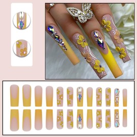 Long Press on Nails Coffin Fake Nails Flower False Nails with Yellow Ombre Design Full Cover Glue on Nails Rhinestones Stick on Nails Elegant Acrylic Nails Artificial Nails for Women Manicure 24Pcs