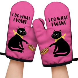 I do What I Want Funny Oven Mitts with Hanging Loop and Silicone Non-Slip, Humor Black Cat Sarcastic Baking Kitchen Utensils 2-Piece Set, Gifts for Cat Lover Mom Wife Sister BFF Colleague