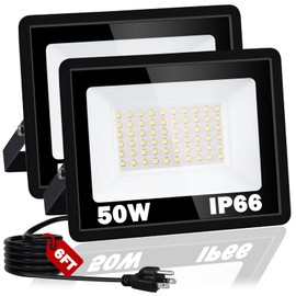 NEWREACH 50W 2 Pack LED Flood Light Outdoor, IP66 Waterproof 5000K Daylight White 6000LM Super Brighter Work Light with 6ft Cord and Plug, Exterior Floodlight Security Lights for Yard Garage Garden