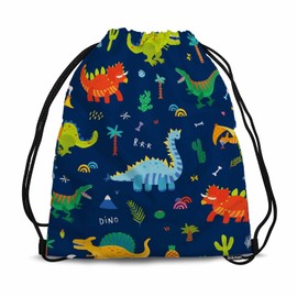 Sotunad Cartoon Pattern Drawstring Backpack Collection of Cute Dinosaurs Tree Cactus Clouds for Swim Bag for Beach Swim Swimming Pool Drawstring Bags