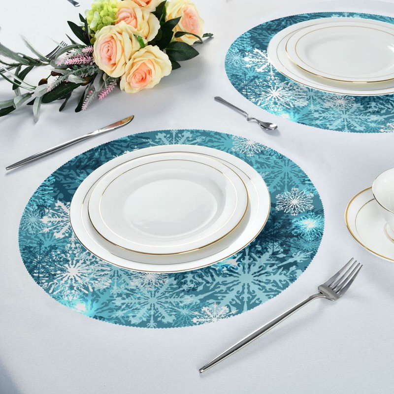 Christmas Placemats Teal Blue White Snowflake Round Placemats Set of