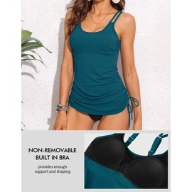 Charmo Ribbed Tankini Top for Women Tummy Control Padded Bathing Top with Adjustable Straps Teal XL