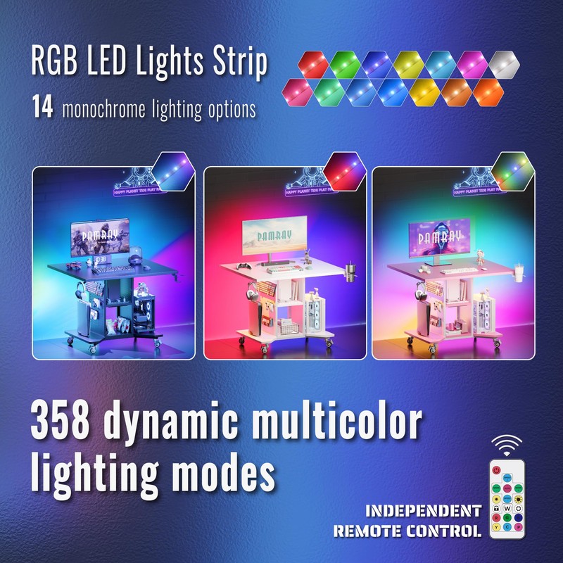 Pamray Small Rolling Gaming Desk with Led Lights Power Outlets