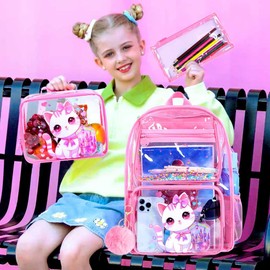 3PCS Clear Backpack for Girls, Kids cat Transparent Bookbag Heavy Duty, Cute See Through Backpacks with Lunch Box(Pink)