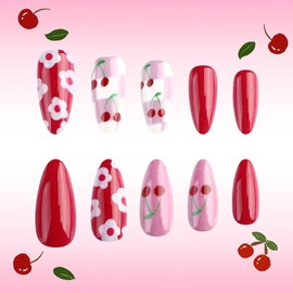 Flower Press on Nails Almond Short Fake Nails Pink Red Glitter French Tip Glue Acrylic Nails Full Cover Spring Summer False Nails Floral Grid Cherry Designs Nails Art Decoration for Women 24PCS