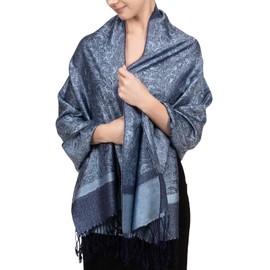 Achillea Two Tone Vintage Jacquard Paisley Pashmina Shawl Wrap Scarf (Steel Blue)