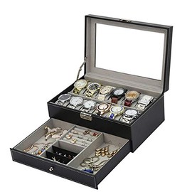 Tebery 12 Slots Black Watch Box PU Leather Case Organizer with Jewelry Drawer for Storage and Display