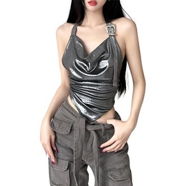 JNGUOSICN Womens Metallic Halter Crop Top Sleeveless Backless Camisole Shiny Deep V Neck Tie Up Cami Tops Hanging Neck Bustier Corset Party Club Beach Streetwear Silver