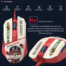Bloody W63 Max RGB Gaming Mouse, 12,000 CPI, BC3332-A Sensor, 2000 Hz Report Rate, 4M Onboard Memory, LOD Adjustment, Lightweight Braided Cable - Proxy Boom Edition
