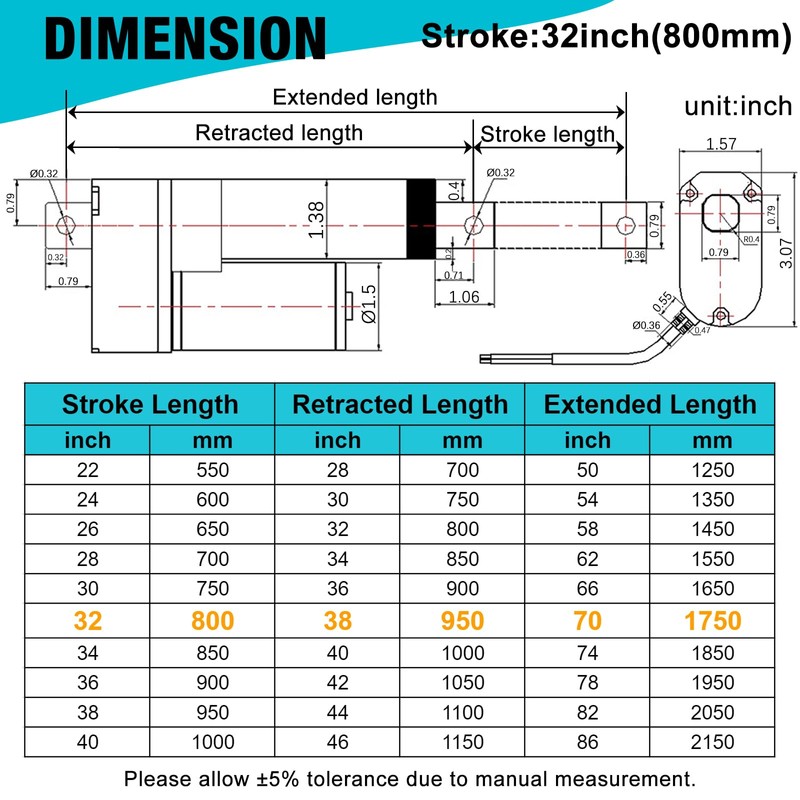 JQDML 32 Inch High Speed 1.34"/sec Linear Actuator 12V 88lbs/400N